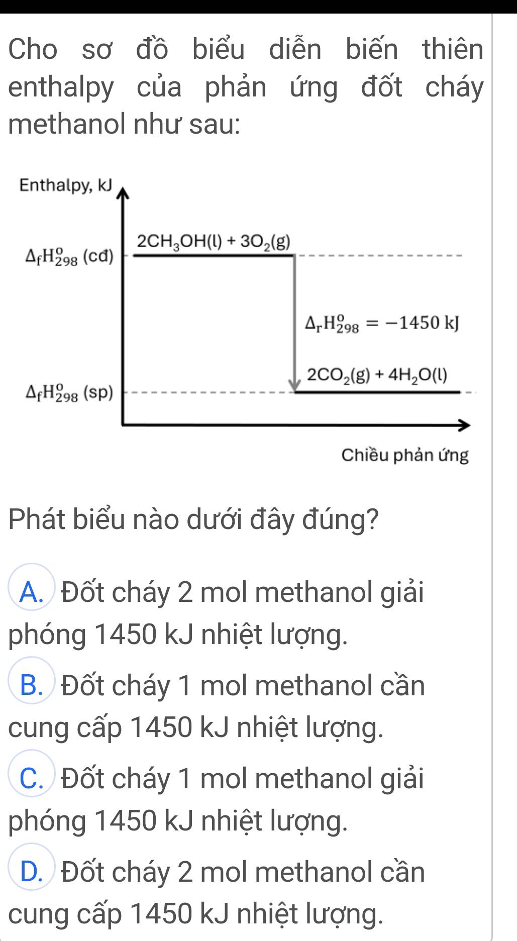 Cho sơ đồ biểu diễn biến thiên
enthalpy của phản ứng đốt cháy
methanol như sau:
Phát biểu nào dưới đây đúng?
A. Đốt cháy 2 mol methanol giải
phóng 1450 kJ nhiệt lượng.
B. Đốt cháy 1 mol methanol cần
cung cấp 1450 kJ nhiệt lượng.
C. Đốt cháy 1 mol methanol giải
phóng 1450 kJ nhiệt lượng.
D. Đốt cháy 2 mol methanol cần
cung cấp 1450 kJ nhiệt lượng.