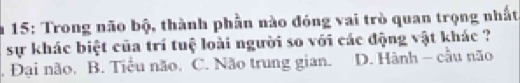 15: Trong não bộ, thành phần nào đóng vai trò quan trọng nhất
sự khác biệt của trí tuệ loài người so với các động vật khác ?
. Đại não. B. Tiểu não. C. Não trung gian. D. Hành - cầu não