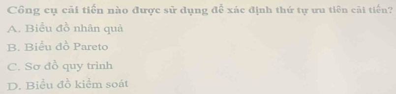 Công cụ cải tiến nào được sử dụng để xác định thứ tự ưu tiên cãi tiến?
A. Biểu đồ nhân quả
B. Biểu đồ Pareto
C. Sơ đồ quy trình
D. Biểu đồ kiểm soát