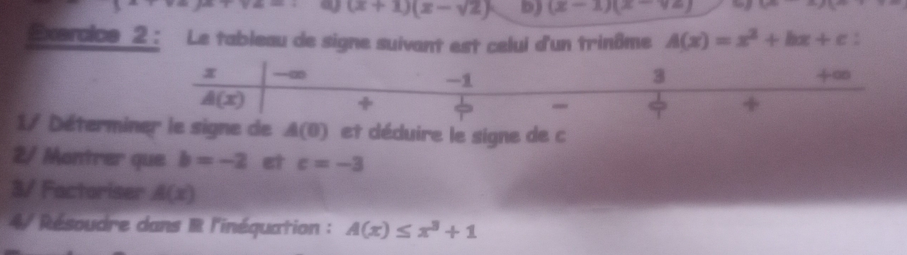 -10m- ay (x+1)(x-sqrt(2)) b) (x-1)(x-yz) 1,2x=sin 2°
Exercice 2 : Le tableau de signe suivant est celui d'un trinôme A(x)=x^2+bx+c :
1/ Détermide A(0) et déduire le signe de c
2/ Montrer que b=-2 et c=-3
3/ Factoriser A(x)
4/ Résoudre dans R l'inéquation : A(x)≤ x^3+1