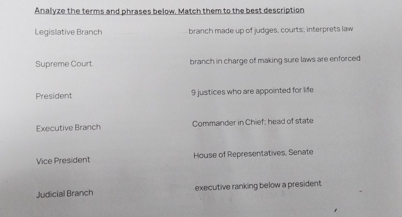 Analyze the terms and phrases below. Match them to the best description
Legislative Branch branch made up of judges, courts; interprets law
Supreme Court branch in charge of making sure laws are enforced
President 9 justices who are appointed for life
Executive Branch Commander in Chief; head of state
Vice President House of Representatives, Senate
Judicial Branch executive ranking below a president