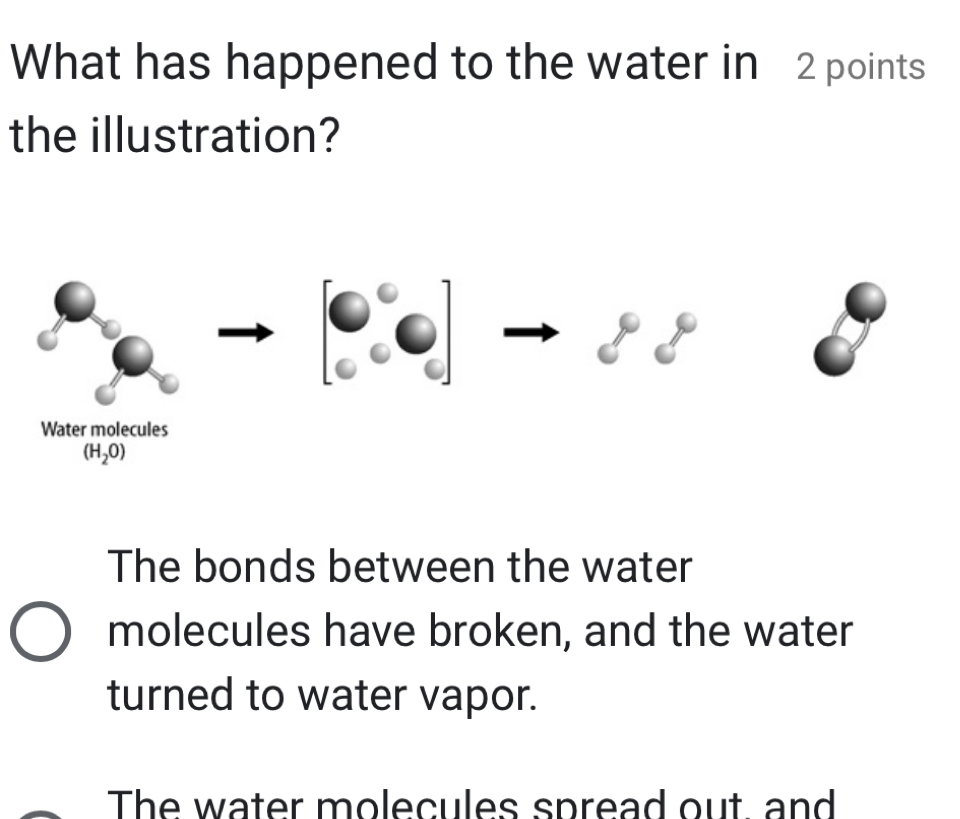 What has happened to the water in 2 points
the illustration?
Water molecules
(H_2O)
The bonds between the water
molecules have broken, and the water
turned to water vapor.
The water molecules spread out, and