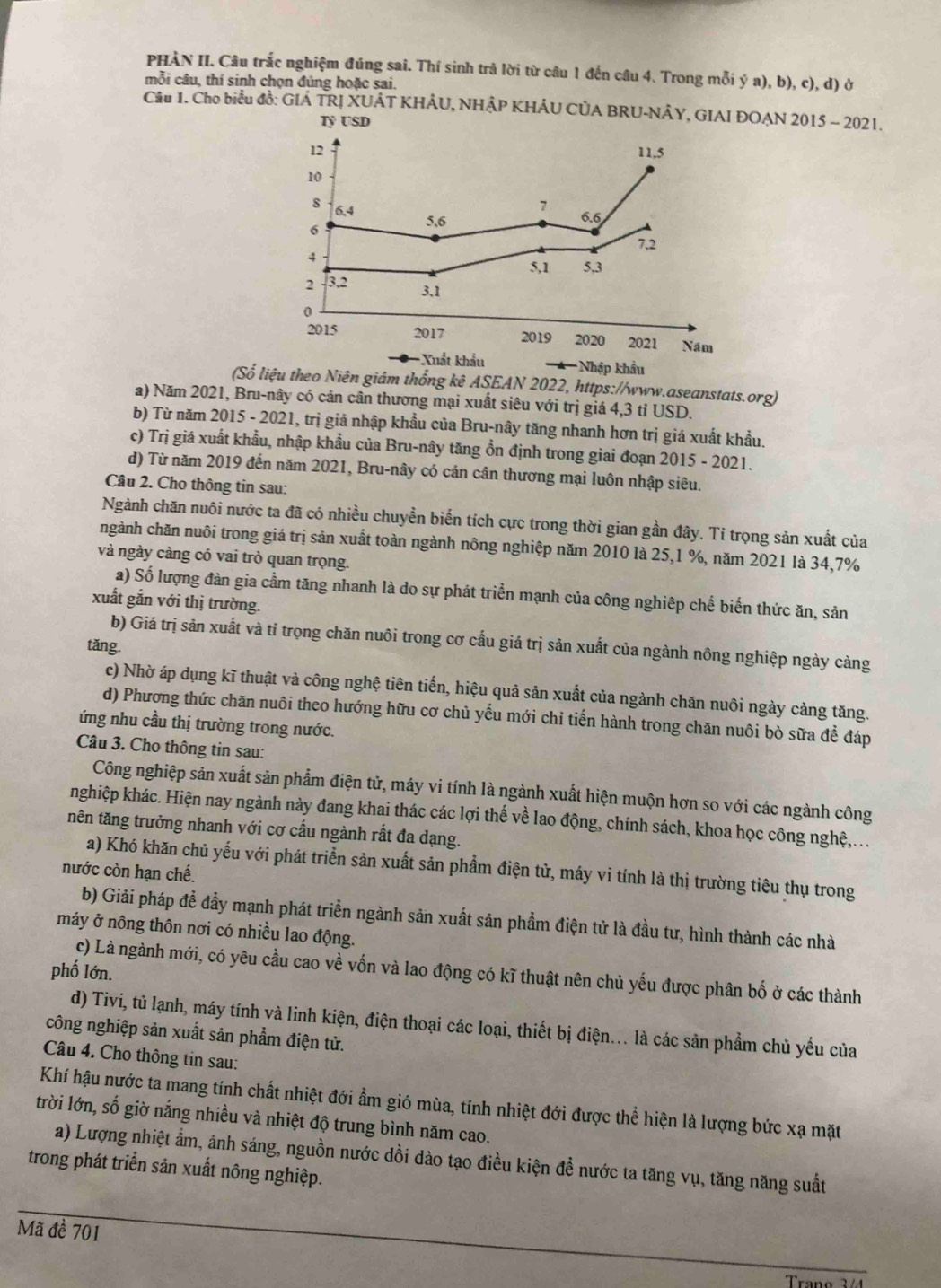 PHÀN II. Câu trắc nghiệm đúng sai. Thí sinh trả lời từ câu 1 đến câu 4. Trong mỗi ý a), b), c), d) ở
mỗi câu, thí sinh chọn đúng hoặc sai.
Câu 1. Cho biểu đồ: GIÁ TRI XUÁT KHÂU, NHÂP KHÂU CÚA BRU-NÂY, GIAI ĐOAN 2015 - 2021.
Tỷ USD
12 11,5
10
8 6.4
7
5,6 6.6
σ
7,2
5,1 5,3
2 3.2
3,1
0
2015 2017 2019 2020 2021 Năm
*Xuất khẩu Nhập khẩu
(Số liệu theo Niên giám thống kê ASEAN 2022, https://www.aseanstats.org)
a) Năm 2021, Bru-nây có cán cân thương mại xuất siêu với trị giá 4,3 tỉ USD.
b) Từ năm 2015 - 2021, trị giả nhập khẩu của Bru-nây tăng nhanh hơn trị giá xuất khẩu.
c) Trị giá xuất khẩu, nhập khẩu của Bru-nây tăng ồn định trong giai đoạn 2015 - 2021.
d) Từ năm 2019 đến năm 2021, Bru-nây có cán cân thương mại luôn nhập siêu.
Câu 2. Cho thông tin sau:
Ngành chăn nuôi nước ta đã có nhiều chuyền biến tích cực trong thời gian gần đây. Tỉ trọng sản xuất của
ngành chăn nuôi trong giá trị sản xuất toàn ngành nông nghiệp năm 2010 là 25,1 %, năm 2021 là 34,7%
và ngày càng có vai trò quan trọng.
a) Số lượng đàn gia cầm tăng nhanh là do sự phát triển mạnh của công nghiệp chế biến thức ăn, sản
xuất gắn với thị trường.
b) Giá trị sản xuất và tỉ trọng chăn nuôi trong cơ cấu giá trị sản xuất của ngành nông nghiệp ngày cảng
tǎng.
c) Nhờ áp dụng kĩ thuật và công nghệ tiên tiến, hiệu quả sản xuất của ngành chăn nuôi ngày cảng tăng.
d) Phương thức chăn nuôi theo hướng hữu cơ chủ yếu mới chỉ tiến hành trong chăn nuôi bò sữa đề đáp
ứng nhu cầu thị trường trong nước.
Câu 3. Cho thông tin sau:
Công nghiệp sản xuất sản phẩm điện tử, máy vi tính là ngành xuất hiện muộn hơn so với các ngành công
nghiệp khác. Hiện nay ngành này đang khai thác các lợi thế về lao động, chính sách, khoa học công nghệ,...
nên tăng trưởng nhanh với cơ cầu ngành rất đa dạng.
a) Khó khăn chủ yếu với phát triển sản xuất sản phẩm điện tử, máy vi tính là thị trường tiêu thụ trong
nước còn hạn chế.
b) Giải pháp đề đầy mạnh phát triển ngành sản xuất sản phẩm điện tử là đầu tư, hình thành các nhà
máy ở nông thôn nơi có nhiều lao động.
phố lớn.
c) Là ngành mới, có yêu cầu cao về vốn và lao động có kĩ thuật nên chủ yếu được phân bố ở các thành
d) Tivi, tủ lạnh, máy tính và linh kiện, điện thoại các loại, thiết bị điện... là các sản phẩm chủ yếu của
công nghiệp sản xuất sản phẩm điện tử.
Câu 4. Cho thông tin sau:
Khí hậu nước ta mang tính chất nhiệt đới ẩm gió mùa, tính nhiệt đới được thể hiện là lượng bức xạ mặt
trời lớn, số giờ nắng nhiều và nhiệt độ trung bình năm cao.
a) Lượng nhiệt ẩm, ánh sáng, nguồn nước dồi dào tạo điều kiện đề nước ta tăng vụ, tăng năng suất
trong phát triển sản xuất nông nghiệp.
Mã đề 701
Trane 2 4