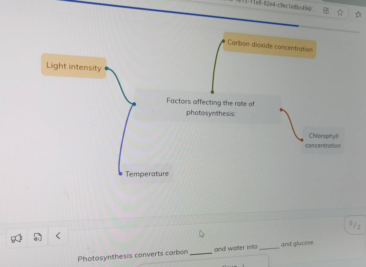 15-11e8-82e4-c9ec1e8bc494/... 
Carbon dioxide concentration 
Light intensity 
Factors affecting the rate of 
photosynthesis: 
Chlorophyll 
concentration 
Temperature
0 / 2
Photosynthesis converts carbon _and water into _and glucose.