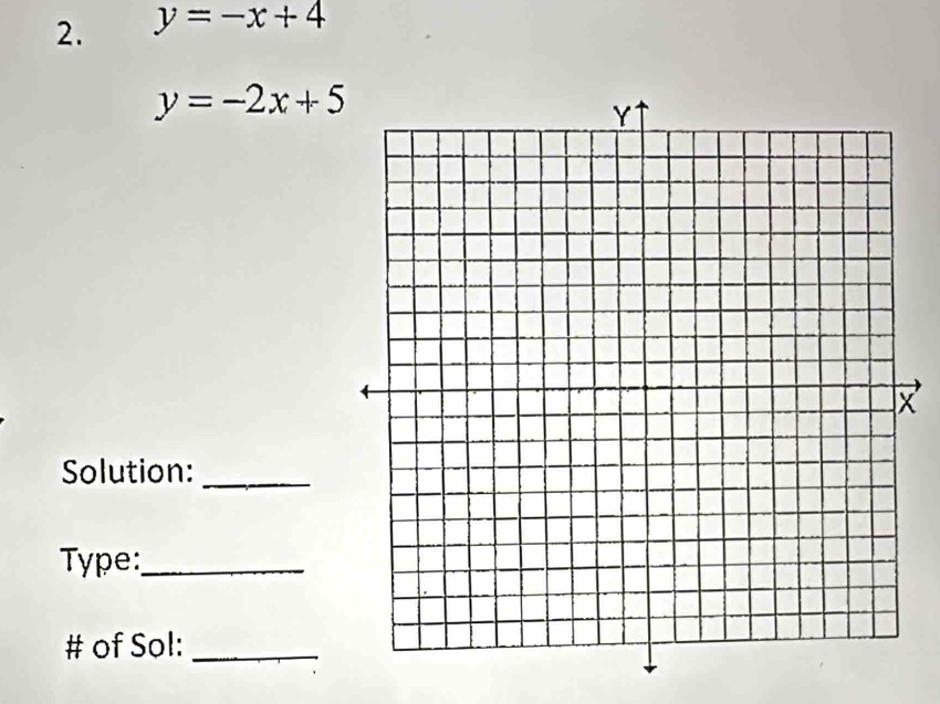 y=-x+4
y=-2x+5
X
Solution:_
Type:_
# of Sol:_