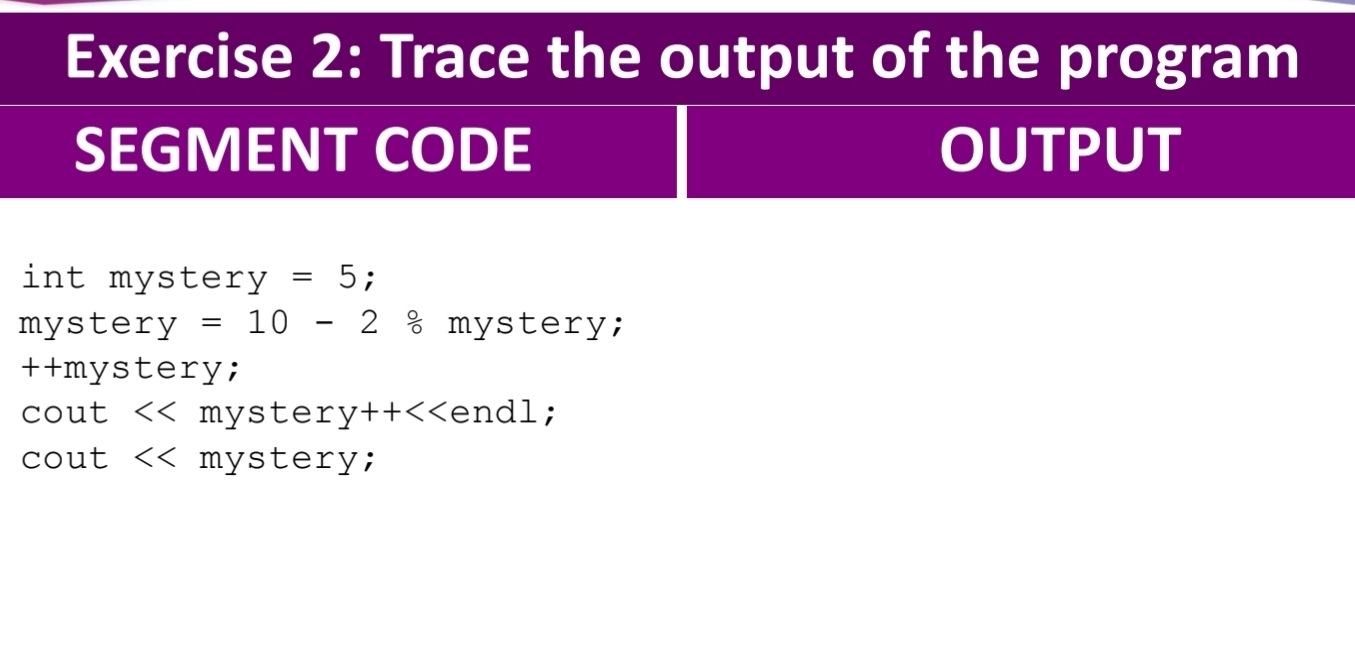 Trace the output of the program 
SEGMENT CODE OUTPUT 
int myste ry=5; 
myste ry=10-2 % mystery; 
++mystery; 
cout mystery++<<endl; 
cout  mystery;