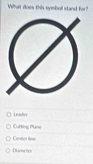 What does this symbol stand for?
Leader
Cutting Plane
Center line
Diameter