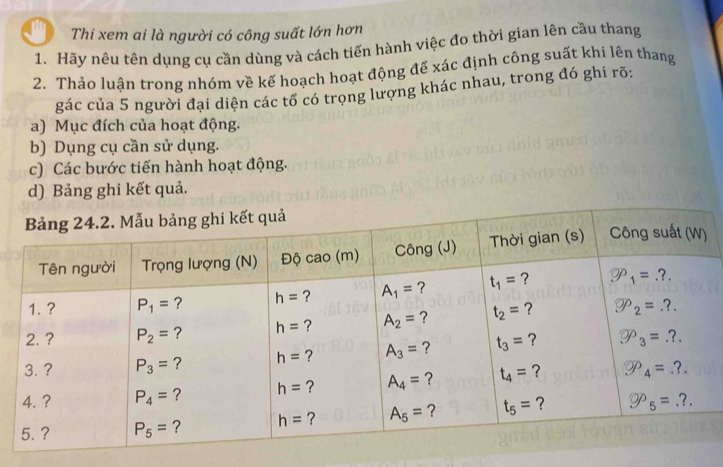 Thi xem ai là người có công suất lớn hơn
1. Hãy nêu tên dụng cụ cần dùng và cách tiến hành việc đo thời gian lên cầu thang
2. Thảo luận trong nhóm về kế hoạch hoạt động đế xác định công suất khi lên thang
gác của 5 người đại diện các tổ có trong lượng khác nhau, trong đó ghi rõ:
a) Mục đích của hoạt động.
b) Dụng cụ cần sử dụng.
c) Các bước tiến hành hoạt động.
d) Bảng ghi kết quả.