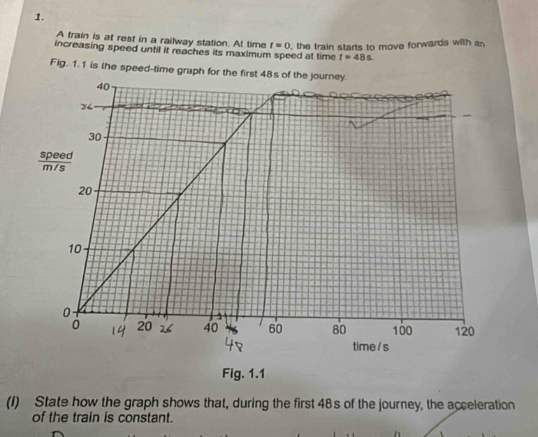 A train is at rest in a railway station. At time t=0 , the train starts to move forwards with an 
increasing speed until it reaches its maximum speed at time f=48s. 
Fig. 1. 1 is the speed-time graph for the first 48s of the journey.
40
y
30
segd
20
10
0
0 20 40 60 80 100 120
time /s 
Fig. 1.1 
(I) State how the graph shows that, during the first 48s of the journey, the acceleration 
of the train is constant.