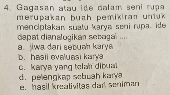 Gagasan atau ide dalam seni rupa
merupakan buah pemikiran untuk 
menciptakan suatu karya seni rupa. Ide
dapat dianalogikan sebagai ....
a. jiwa dari sebuah karya
b，hasil evaluasi karya
c. karya yang telah dibuat
d. pelengkap sebuah karya
e. hasil kreativitas dari seniman