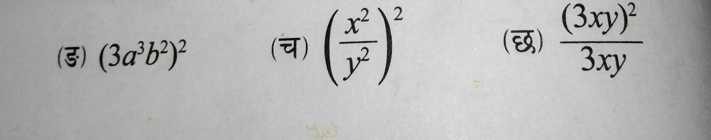 (3) (3a^3b^2)^2
(च) ( x^2/y^2 )^2 frac (3xy)^23xy
()