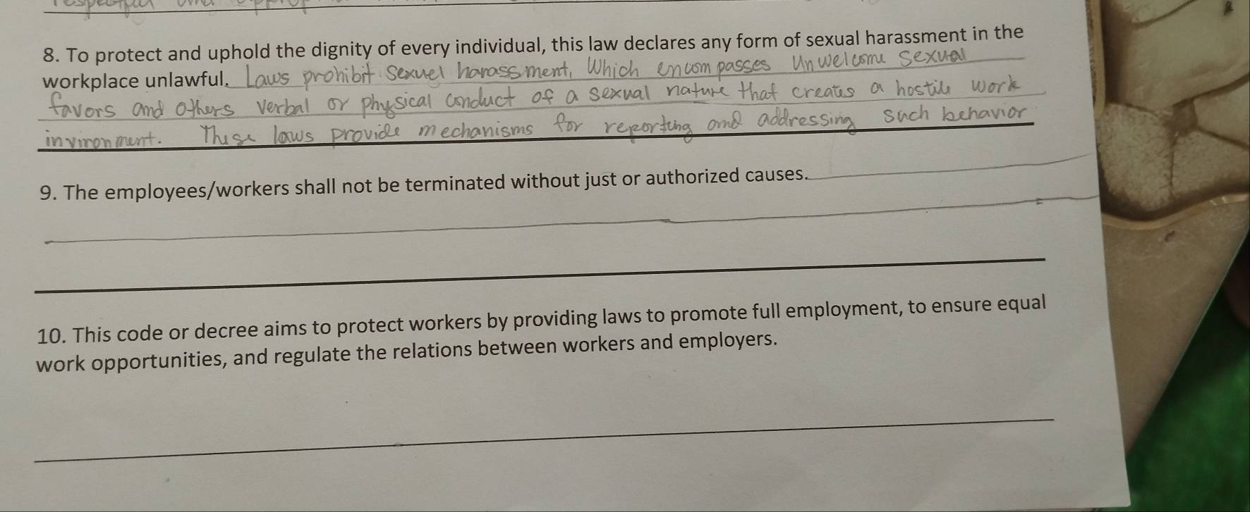 To protect and uphold the dignity of every individual, this law declares any form of sexual harassment in the 
workplace unlawful. 
_ 
_ 
_ 
_ 
_ 
9. The employees/workers shall not be terminated without just or authorized causes. 
_ 
_ 
10. This code or decree aims to protect workers by providing laws to promote full employment, to ensure equal 
work opportunities, and regulate the relations between workers and employers. 
_ 
_ 
_