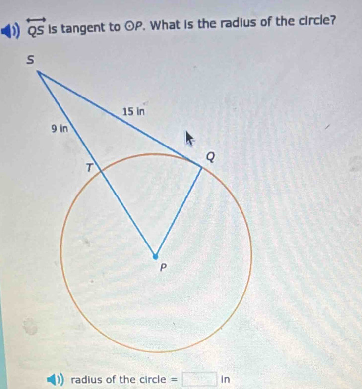 overleftrightarrow QS is tangent to odot P. What is the radius of the circle? 
radius of the circle =□ in