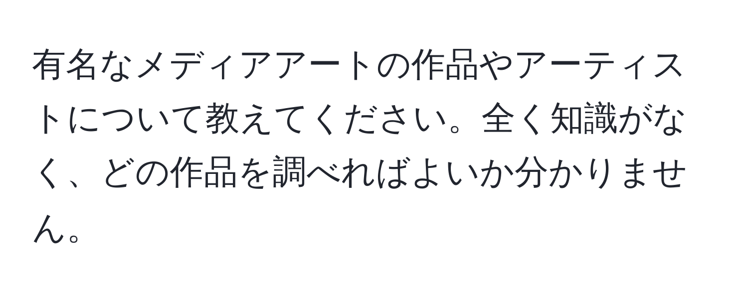 有名なメディアアートの作品やアーティストについて教えてください。全く知識がなく、どの作品を調べればよいか分かりません。