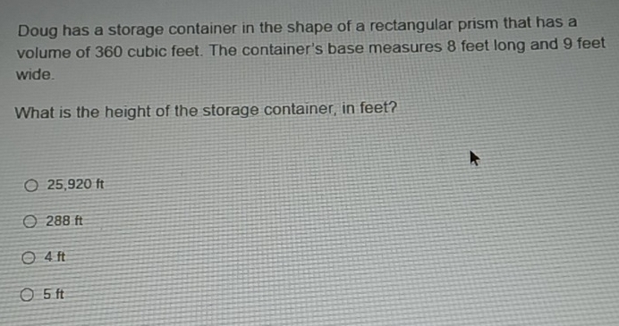 Solved: Doug has a storage container in the shape of a rectangular ...
