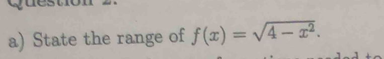 State the range of f(x)=sqrt(4-x^2).