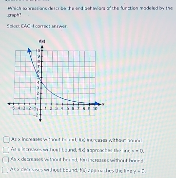 Which expressions describe the end behaviors of the function modeled by the
graph?
Select EACH correct answer.
As x increases without bound, f(x) increases without bound.
As x increases without bound, f(x) approaches the line y=0.
As x decreases without bound, f(x) increases without bound.
As x decreases without bound, f(x) approaches the line y-0.