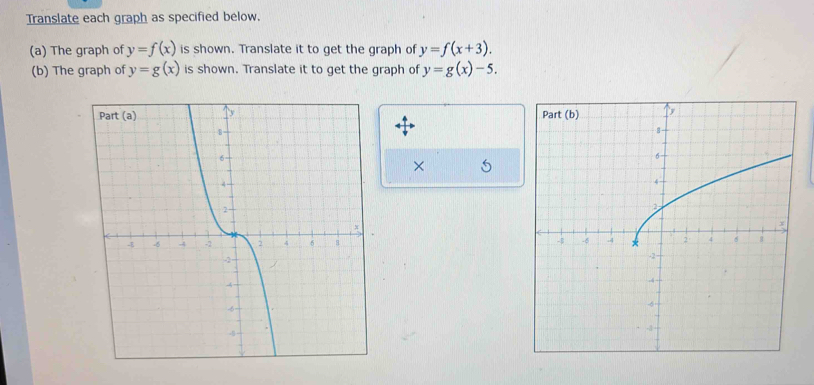 Translate each graph as specified below. 
(a) The graph of y=f(x) is shown. Translate it to get the graph of y=f(x+3). 
(b) The graph of y=g(x) is shown. Translate it to get the graph of y=g(x)-5. 


× 5