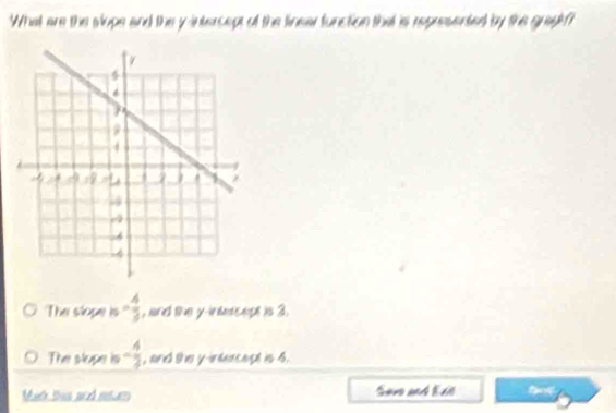 What are the slope and the yintercept of the linear function that is represented by the grauh f
The stope is - 4/3  , and the y -insercept is 3.
The slupe is - 4/3  , and the yintercept is 4.
Mack thi and rur Sane and ldio