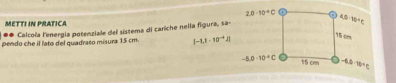 METTI IN PRATICA
●● Calcola l'energia potenziale del sistema di cariche nella figura, sa-
pendo che il lato del quadrato misura 15 cm. [-1,1· 10^(-4)J]