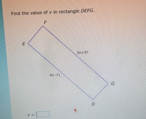 Find the value of v in rectangle DEFG.
v=□