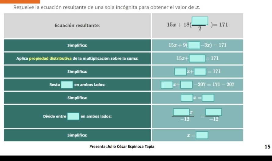 Resuelve la ecuación resultante de una sola incógnita para obtener el valor de x.
15