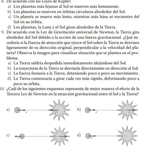 De acuerdo con las Leyes de Kepler:
a) Los planetas más lejanos al Sol se mueven más lentamente.
b) Los planetas se mueven en órbitas circulares alrededor del Sol.
c) Un planeta se mueve más lento, mientras más lejos se encuentre del
Sol en su órbita.
d) Los planetas, la Luna y el Sol giran alrededor de la Tierra.
9. De acuerdo con la Ley de Gravitación universal de Newton, la Tierra gira
alrededor del Sol debido a la acción de una fuerza gravitacional. ¿Qué su-
cedería si la Fuerza de atracción que ejerce el Sol sobre la Tierra se desviara
ligeramente de su dirección original, perpendicular a la velocidad del pla-
neta? Observa la imagen para visualizar situación que se plantea en el pro-
blema.
a) La Tierra saldría despedida inmediatamente alejándose del Sol.
b) La trayectoria de la Tierra se desviaría directamente en dirección al Sol.
c) La fuerza frenaría a la Tierra, deteniendo poco a poco su movimiento.
d) La Tierra comenzaría a girar cada vez más rápido, deformando poco a
poco su órbita.
10. ¿Cuál de los siguientes esquemas representa de mejor manera el efecto de la
Tercera Ley de Newton en la atracción gravitacional entre el Sol y la Tierra?
a
b
c
d