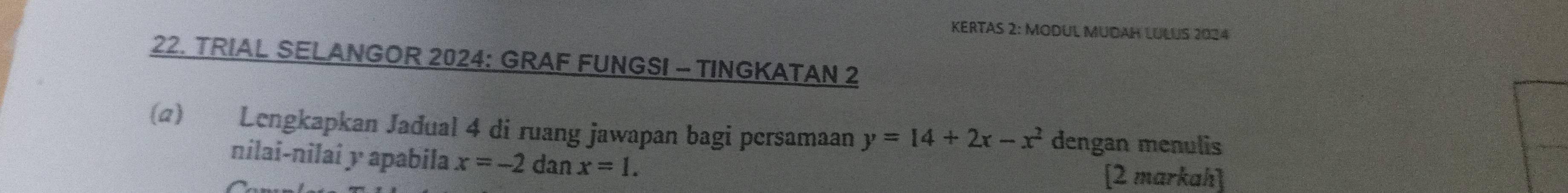 KERTAS 2: MODUL MUDAH LULUS 2024 
22. TRIAL SELANGOR 2024: GRAF FUNGSI - TINGKATAN 2 
(2) Lengkapkan Jađual 4 di ruang jawapan bagi persamaan y=14+2x-x^2 dengan menulis 
nilai-nilai y apabila x=-2danx=1. 
[2 markah]