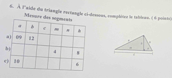 À 1° aide du triangle rectangle ci-dessous, complétez le tableau. ( 6 points) 
Mesure