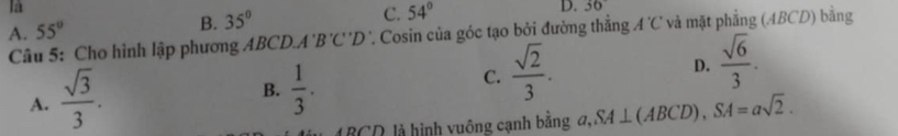 là
C. 54°
D. 36°
A. 55°
B. 35°
Câu 5: Cho hình lập phương ABCD.. 4'B'C''D * Cosin của góc tạo bởi đường thắng A'C và mặt phẳng (ABCD) bằng
A.  sqrt(3)/3 .
B.  1/3 .
C.  sqrt(2)/3 .
D.  sqrt(6)/3 . 
1BCD, là hình vuông cạnh bằng l_1 , SA⊥ (ABCD), SA=asqrt(2).