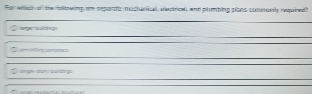 For which of the following are separate mechanical, electrical, and plumbing plans commonly required? 
Calatger:ultings 
2 
O ange da nương