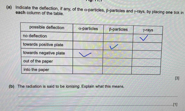 Indicate the deflection, if any, of the α -particles, β -particles and γ -rays, by placing one tick in 
each column of the table. 
[3] 
(b) The radiation is said to be ionising. Explain what this means. 
_ 
_.[1]