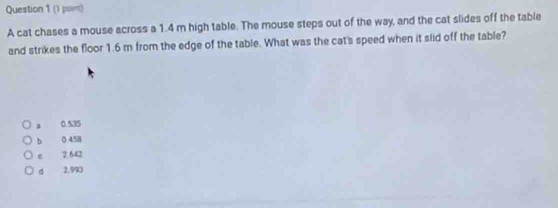 ( pant)
A cat chases a mouse across a 1.4 m high table. The mouse steps out of the way, and the cat slides off the table
and strikes the floor 1.6 m from the edge of the table. What was the cat's speed when it slid off the table?
a 0 535
b 0) 4.58 . 2 642
d 2.993