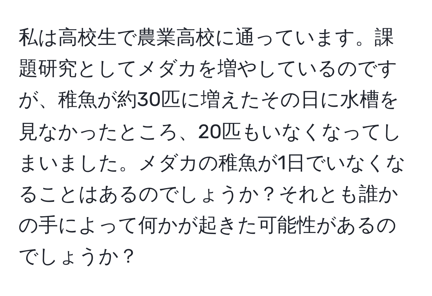 私は高校生で農業高校に通っています。課題研究としてメダカを増やしているのですが、稚魚が約30匹に増えたその日に水槽を見なかったところ、20匹もいなくなってしまいました。メダカの稚魚が1日でいなくなることはあるのでしょうか？それとも誰かの手によって何かが起きた可能性があるのでしょうか？