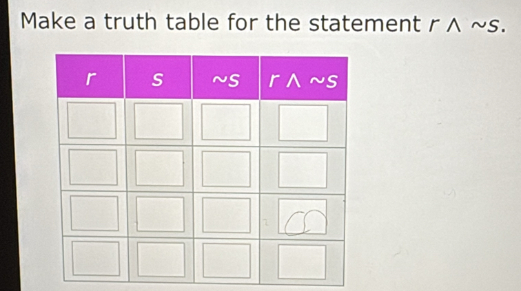 Make a truth table for the statement r ∧ ~s.