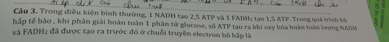 Trong điều kiện bình thường, 1 NADH tạo 2, 5 ATP và 1 FADH₂ tạo 1, 5 ATP. Trong quá trình hô
2; 
hấp tế bào , khi phân giải hoàn toàn 1 phân tử glucose, số ATP tạo ra khi oxy hóa hoàn toàn lượng NADH 
và FADH2 đã được tạo ra trước đó ở chuỗi truyền electron hô hấp là