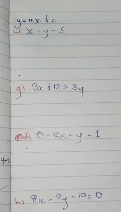 y=mx+c
() x=y-s
91 3x+12=3y
d 0=2x-y-1
4 
hs 8x-2y-10=0