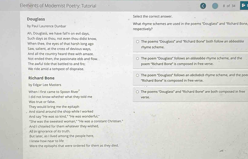 Solved: Elements of Modernist Poetry: Tutorial 8 of 34 D Select the ...