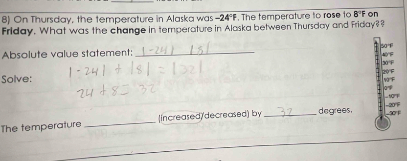 On Thursday, the temperature in Alaska was -24°F. The temperature to rose to 8°F on 
Friday. What was the change in temperature in Alaska between Thursday and Friday??
50°F
Absolute value statement:_
40°F
30°F
20°F
Solve:
10°F
0°F
-10°F
degrees. -30°F
The temperature _(increased/decreased) by _ -20°F