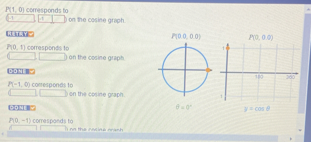 P(1,0) corresponds to
-1 -1 on the cosine graph.
RETRY
P(0,1) corresponds to
□ on the cosine graph.
DONE
P(-1,0) corresponds to
| on the cosine graph.
DONE V
P(0,-1) corresponds to
on the cosine granh