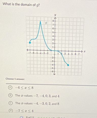 What is the domain of g?
Choose 1 answer:
a -4≤ x≤ 8
The x -values —7, −4, 0, 3, and 4
The x -values −4, −3, 0, 2, and 8
-7≤ x≤ 4
9 of 11