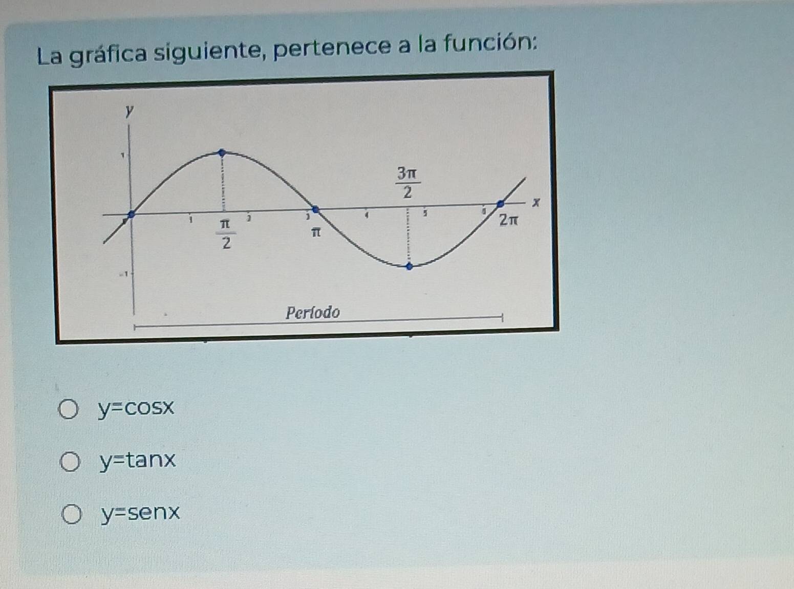 La gráfica siguiente, pertenece a la función:
y=cos x
y=tan x
y=senx