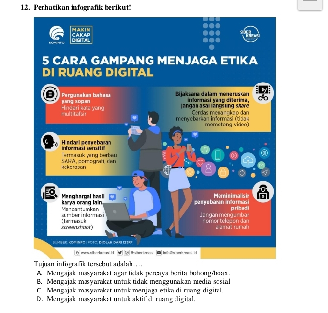 Perhatikan infografik berikut!
A. Mengajak masyarakat agar tidak percaya berita bohong/hoax.
B. Mengajak masyarakat untuk tidak menggunakan media sosial
C. Mengajak masyarakat untuk menjaga etika di ruang digital.
D. Mengajak masyarakat untuk aktif di ruang digital.