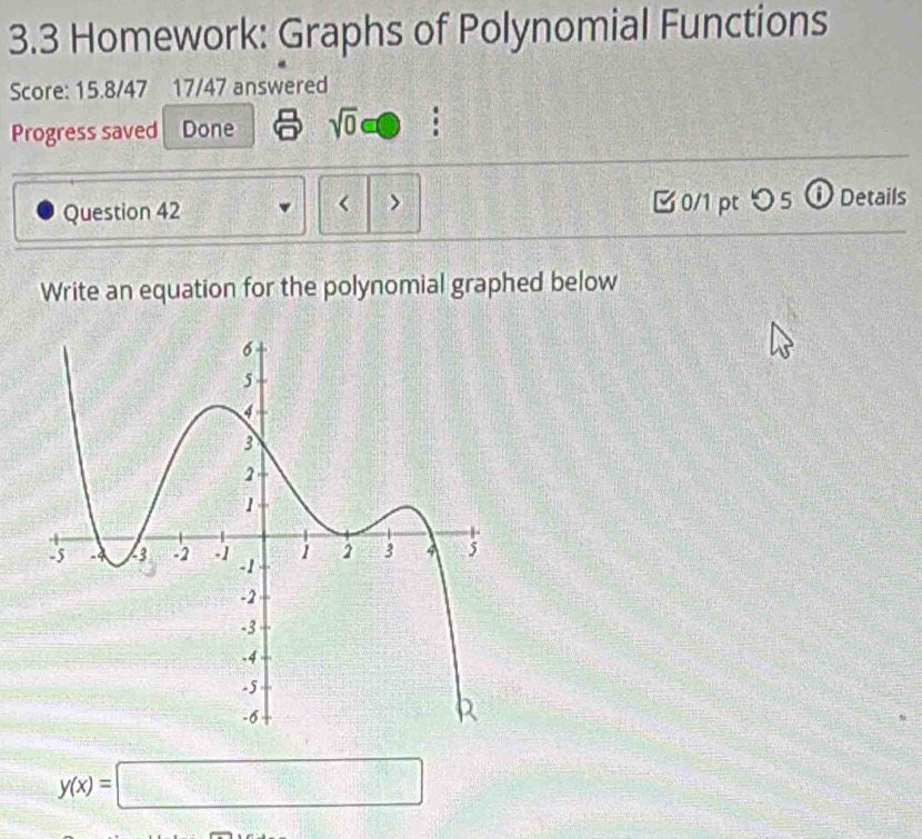 3.3 Homework: Graphs of Polynomial Functions 
Score: 15.8/47 17/47 answered 
Progress saved Done sqrt(0) 
< > 
Question 42 0/1 pt つ 5 ⓘ Details 
Write an equation for the polynomial graphed below
y(x)=□