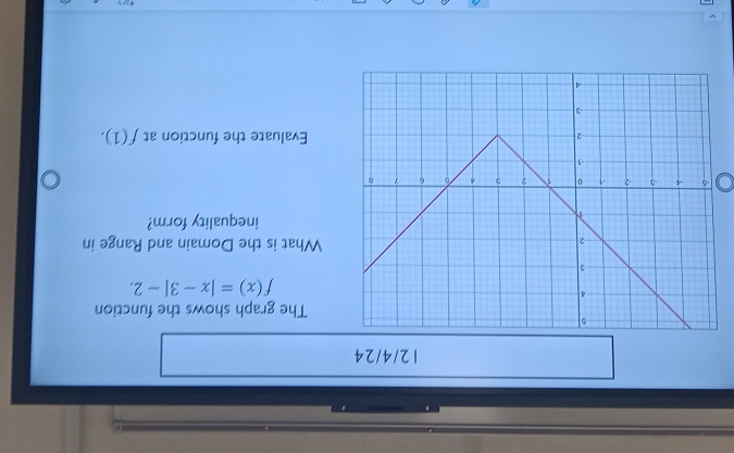 12/4/24 
The graph shows the function
f(x)=|x-3|-2. 
What is the Domain and Range in 
inequality form? 
Evaluate the function at f(1).