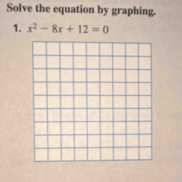 Solve the equation by graphing. 
1. x^2-8x+12=0