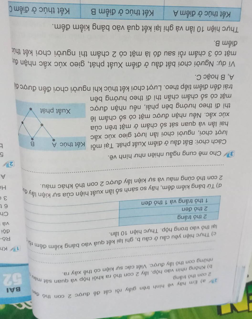 Em hãy vẽ hình trên giấy rồi cắt để được 2 con thỏ đẹn BÀI 
2 con thỏ trắng. 
_ 
b) Không nhin vào hộp, lấy 2 con thỏ ra khỏi hộp và quan sát máy 
_ 
những con thỏ lấy được. Viết các sự kiện có thể xảy ra. 
1 Kh 
c) Thực hiện yêu cầu ở câu b, ghi lại kết quả vào bảng kiểm đếm rồi 
Rô- 
ần. 
đội 
và 
Ch
6 t 
3 
d) Từ bảng kiểm đếm, hãy so sánh số lần xu đự 
2 con thỏ cùng màu và sự kiện lấy được 2 con thỏ khác màu. 
H 
_ 
A 
2 
3 Cho mê cung ngẫu nhiên như hình vẽ. 
5 
Cách chơi: Bắt đầu ở điểm Xuất phát. Tại mỗi Kết thúc A B 
lượt chơi, người chơi lần lượt gieo xúc xắc 
hai lần và quan sát số chấm ở mặt trên của 
xúc xắc. Nếu nhận được mặt có số chấm lẻ 
thì đi theo hướng bên phải, nếu nhận được Xuất phát 
mặt có số chấm chẵn thì đi theo hướng bên 
trái đến điểm tiếp theo. Lượt chơi kết thúc khi người chơi đến được đệ 
A, B hoặc C. 
Ví dụ: Người chơi bắt đầu ở điểm Xuất phát, gieo xúc xắc nhận đư 
mặt có 3 chấm rồi sau đó là mặt có 2 chấm thì người chơi kết thức 
điểm B. 
Thực hiện 10 lần và ghi lại kết quả vào bảng kiểm đếm.