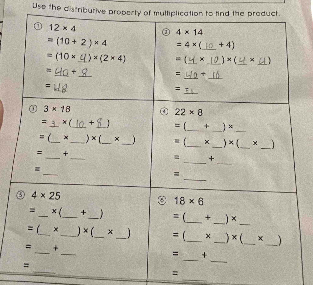 Use the distributive property of multiplication to find the product.
_
_
=