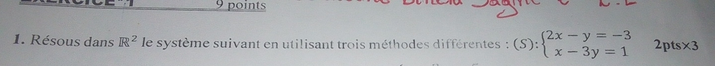 Résous dans R^2 le système suivant en utilisant trois méthodes différentes : (S):beginarrayl 2x-y=-3 x-3y=1endarray. 2pts* 3