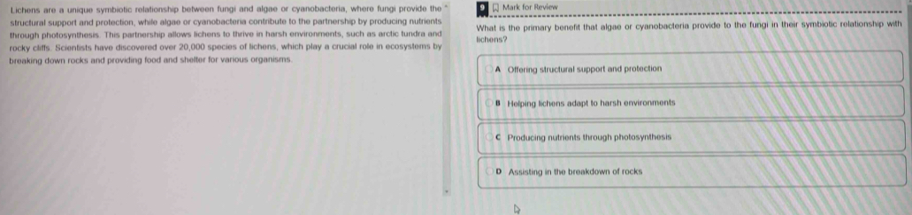 Lichens are a unique symbiotic relationship between fungi and algae or cyanobacteria, where fungi provide the Mark for Review
structural support and protection, while algae or cyanobacteria contribute to the partnership by producing nutrients
through photosynthesis. This partnership allows lichens to thrive in harsh environments, such as arctic tundra and What is the primary benefit that algae or cyanobacteria provide to the fungi in their symbiotic relationship with
rocky cliffs. Scientists have discovered over 20,000 species of lichens, which play a crucial role in ecosystems by lichens?
breaking down rocks and providing food and shelter for various organisms.
A Offering structural support and protection
B Helping lichens adapt to harsh environments
C Producing nutrients through photosynthesis
D Assisting in the breakdown of rocks